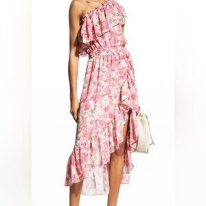 MISA Rumi One shoulder Floral high low Pink Ruffle dress